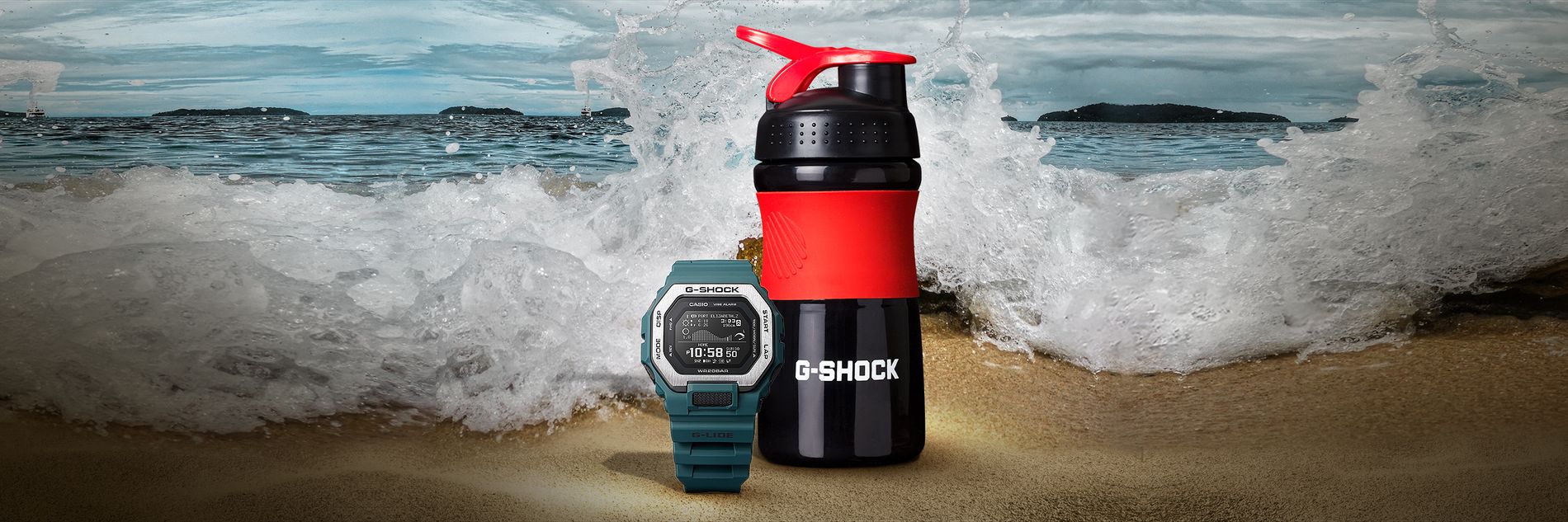 image of G-SHOCK branded water bottle with watch
